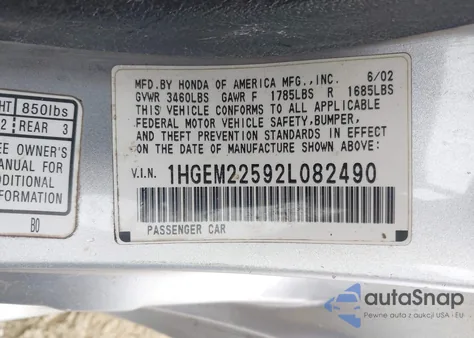 2002 Honda Civic Lx из США, поврежденный, VIN 1HGEM22592L082490